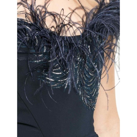 MARCHESA Navy Blue Ostrich Feather Beaded Off Shoulder Fluted Hem Dress 8 M NEW - Picture 7 of 12
